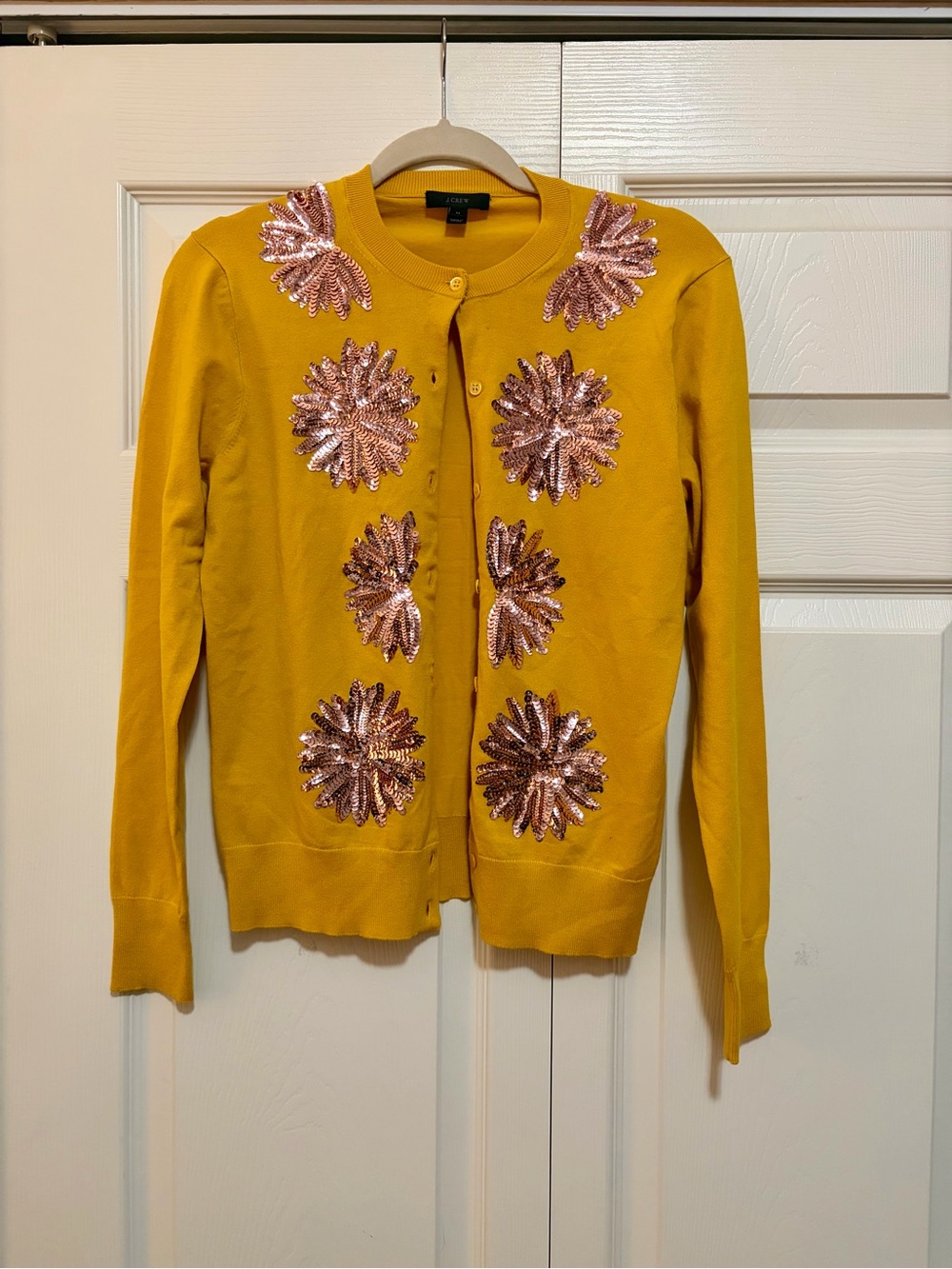 J. Crew Mustard Yellow Cardigan with Rose-Gold Sequin Floral Appliqués